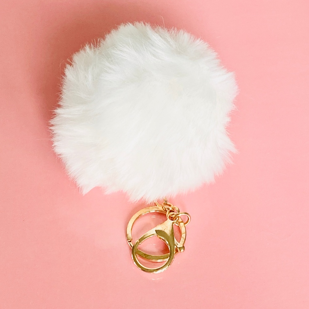 White Faux Fur Pompom Keychain